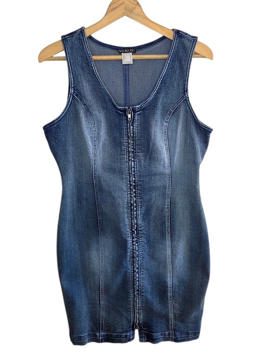 VENUS Dresses & Skirts - Venus Faded Denim Zip Front Bodycon Fitted Mini Dress with Stretch Size 14 Y2K